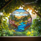 Mountain River Suncatcher: Colorful Landscape Window Decor